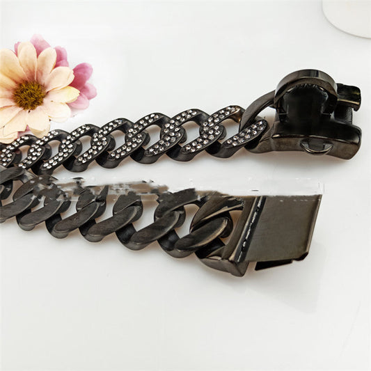 KFX-9598269 Stainless Steel Dog Collar with Black and White Diamond Accents