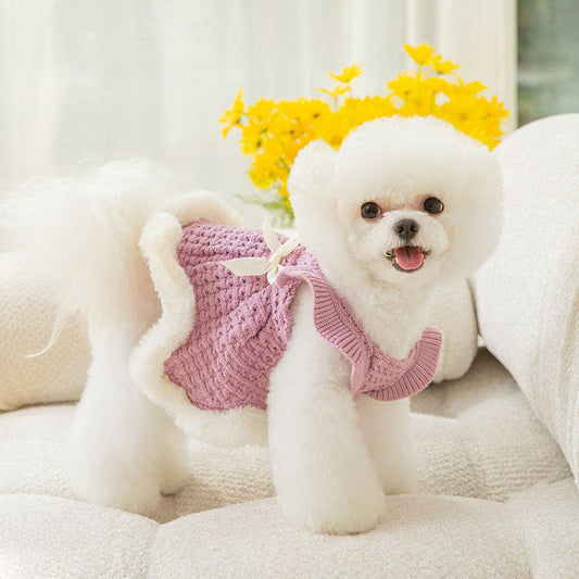 KFX-9621309 Pet Bow Sweater Dress for Small Dogs in Purple and White