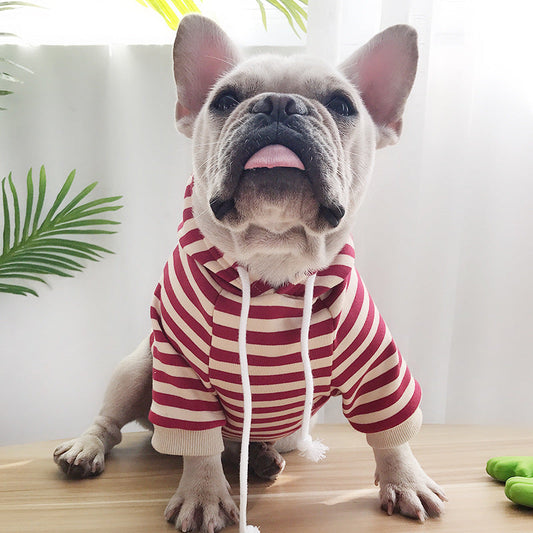 KFX-9634621 Plush Hooded Striped T-Shirt for Dogs in Black, Red, and Coffee – Comfortable Cotton Fabric