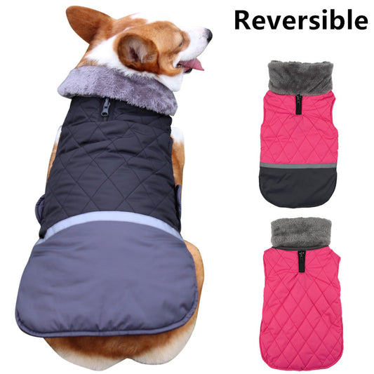 KFX-9641149 Reversible Plush Lapel Pet Jacket with Waterproof Fabric and Reflective Stripes