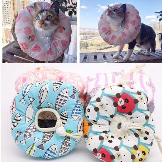 KFX-9729341 Soft Cotton Elizabethan Ring for Cats - Anti-Bite, Anti-Lick, Anti-Scratch Headgear in Blue Fish, Gray, Pink Cat, Multiple Sizes Available