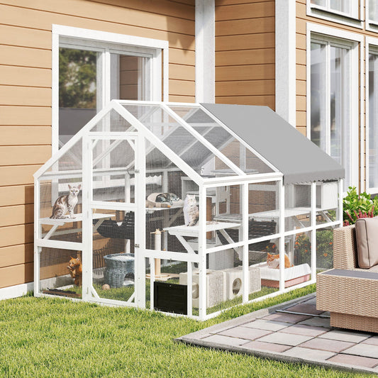 KFX-9731005 Outdoor Wooden Cat Enclosure with Waterproof Cover, 2 Condos, 6 Platforms, and Easy Access Doors in White