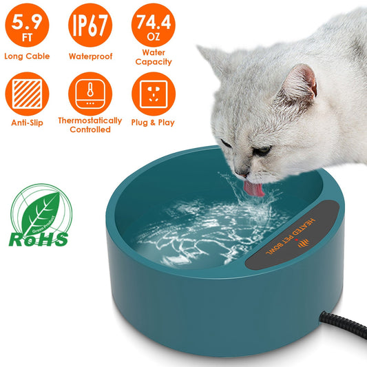 KFX-9777597 Heated Pet Water Bowl with 74.4oz Capacity, IP67 Waterproof Design, and Thermostatic Control for Dogs and Cats