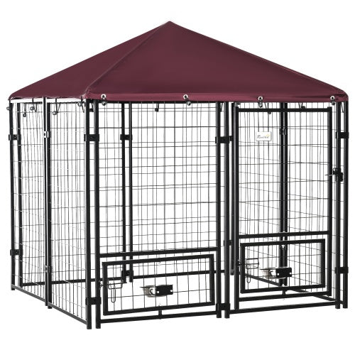 KFX-9790781 PawHut Outdoor Kennel with Swivel Bowl Rack, Walk-in Pet Playpen, Welded Wire Steel, Waterproof Awning, 5' x 5' x 5'