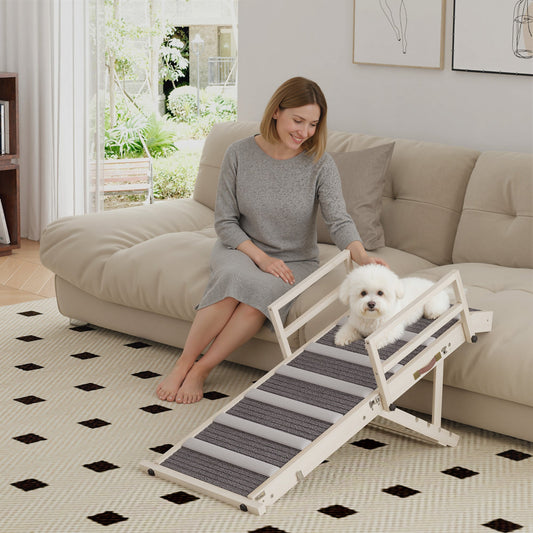 KFX-9809853 Foldable Dog Ramp with Adjustable Heights, Carpeted Surface, and Safety Guardrails for Easy Access