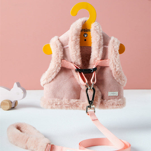 KFX-9828029 Warm Pet Vest with Adjustable Chest Strap and Traction Rope - Available in Pink and Gray