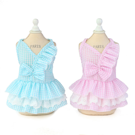KFX-9837757 Stylish Bowknot Dress for Dogs in Blue and Pink - Cotton Fabric, Sizes S to XXL