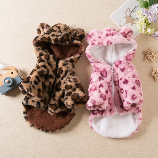 KFX-9851069 Leopard Print Dog Clothes for Autumn and Winter - Stylish Pet Apparel in Pink and Brown