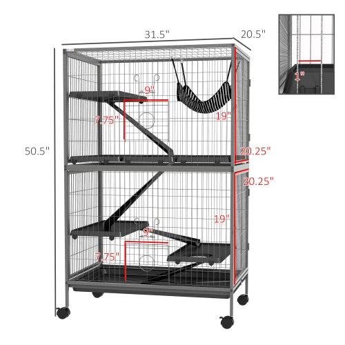 KFX-9856317 5-Tier Small Animal Cage with Hammock for Ferrets and Chinchillas, Heavy-Duty Steel Construction, Easy-Clean Design, 4 Doors, Mobile Wheels, Grey
