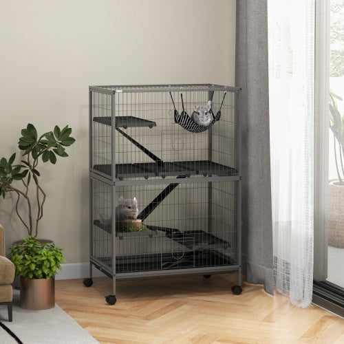 KFX-9856317 5-Tier Small Animal Cage with Hammock for Ferrets and Chinchillas, Heavy-Duty Steel Construction, Easy-Clean Design, 4 Doors, Mobile Wheels, Grey