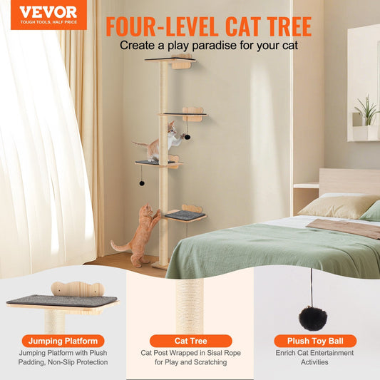 KFX-9867453 Wall Mounted Cat Shelf Tree with Climbing Platforms, Posts, and Toy Balls