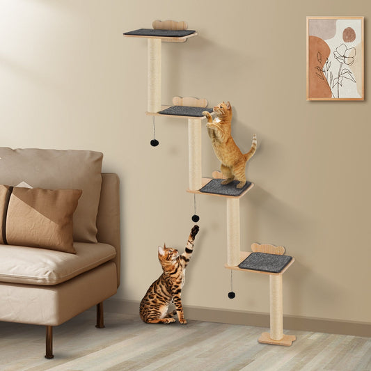 KFX-9867453 Wall Mounted Cat Shelf Tree with Climbing Platforms, Posts, and Toy Balls