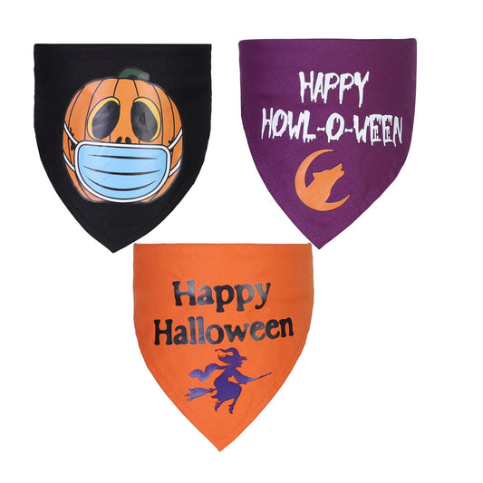 KFX-9877309 Halloween Triangle Scarf for Dogs and Cats with Spooky Patterns in Purple and Orange