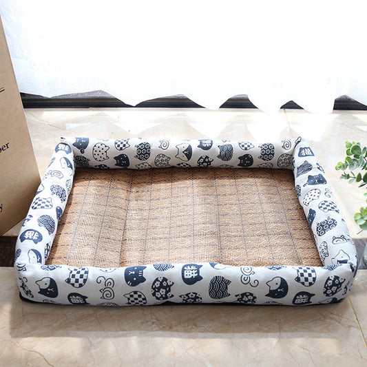 KFX-9889469 Summer Rattan Cat Cooling Mat - Non-Slip Square Nest with Linen Canvas in Multiple Colors