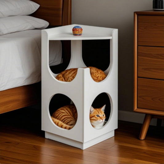 KFX-9894845 Double-Layer Cat Station with Hollow Design for Small and Medium Cats - MDF Cabinet with Viewing Platform & Litter Box Storage