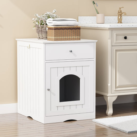 KFX-9900221 Wooden Cat Litter Box Enclosure with Drawer, Indoor Pet Crate and Side Table, White