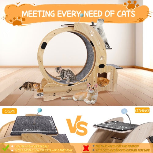 KFX-9901757 Indoor Cat Fitness Wheel - 6-in-1 Natural Wood Cat Treadmill with Silent Pulleys and Stable Design