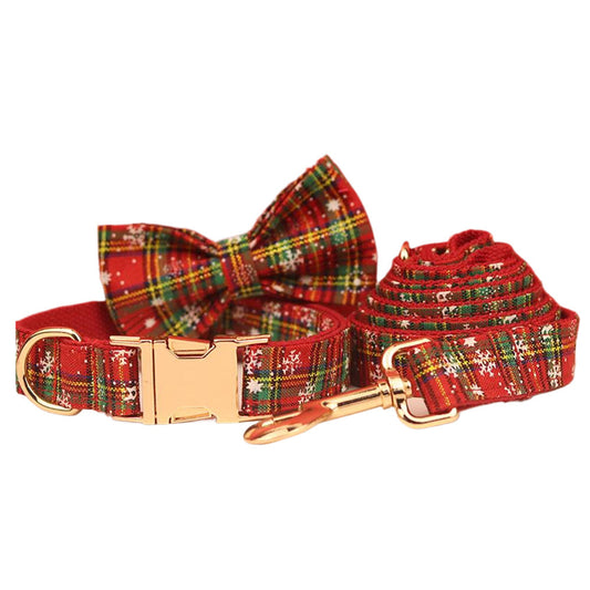 KFX-9919677 Red Snowflake Christmas Pet Collar and Leash Set with Bow and Flowers