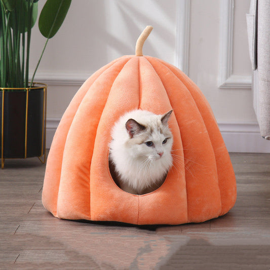 KFX-9922237 Cozy Winter Cuddle Cave for Cats and Small Dogs - Pumpkin Design, Machine Washable