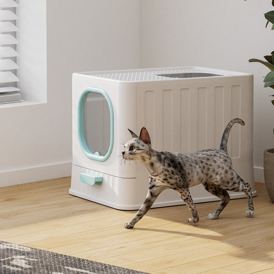 KFX-9931581 Fully Enclosed Large Cat Litter Box – Plastic Folding Design with Anti-Splash Feature in Various Colors
