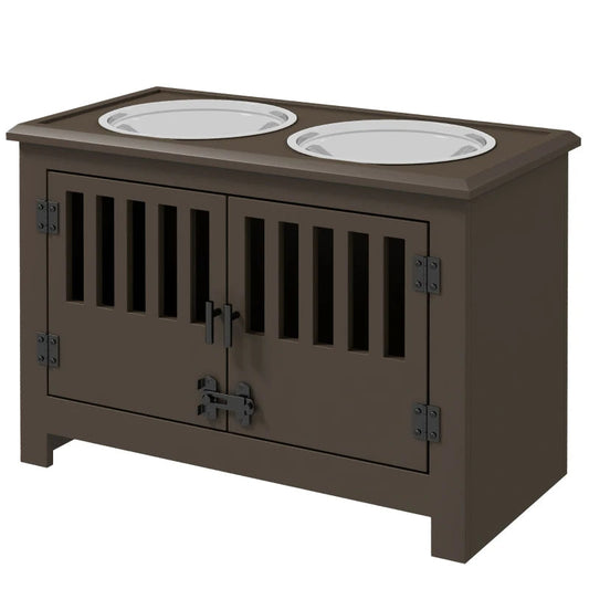 KFX-9933373 Elevated Dog Food Storage Cabinet with Stainless Steel Bowls, Espresso Finish