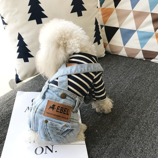 KFX-9959101 Dog Denim Suspender Pants in Light and Dark Wash - Casual Pet Clothing for Spring and Autumn