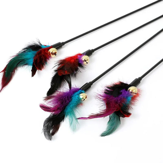 Rainbow Color Feather Toys Funny Cat Stick Plush Feathers With Bells Teaser Stick Interactive Pet Cat Playing Training Toy