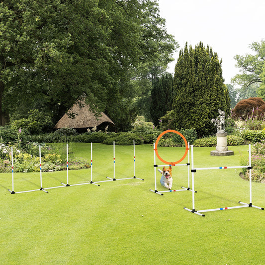 3PC Dog Agility Equipment Set, Obstacle Course Exercise for Dog Include Adjustable Hurdle, Hoop, Weave Poles and Carry Bag