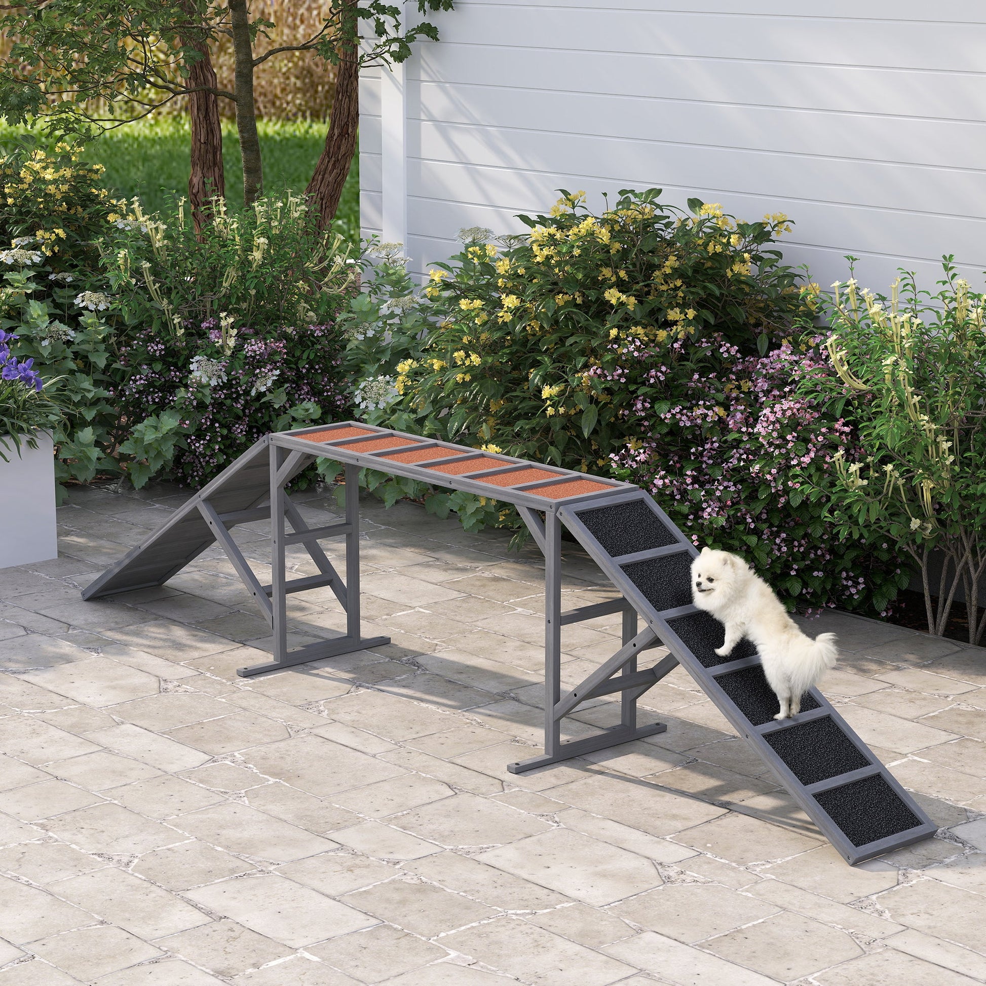 Dog Agility Equipment Ramp with Safety Bar, Non-slip Surface, for Walk and Pause Training, Gray