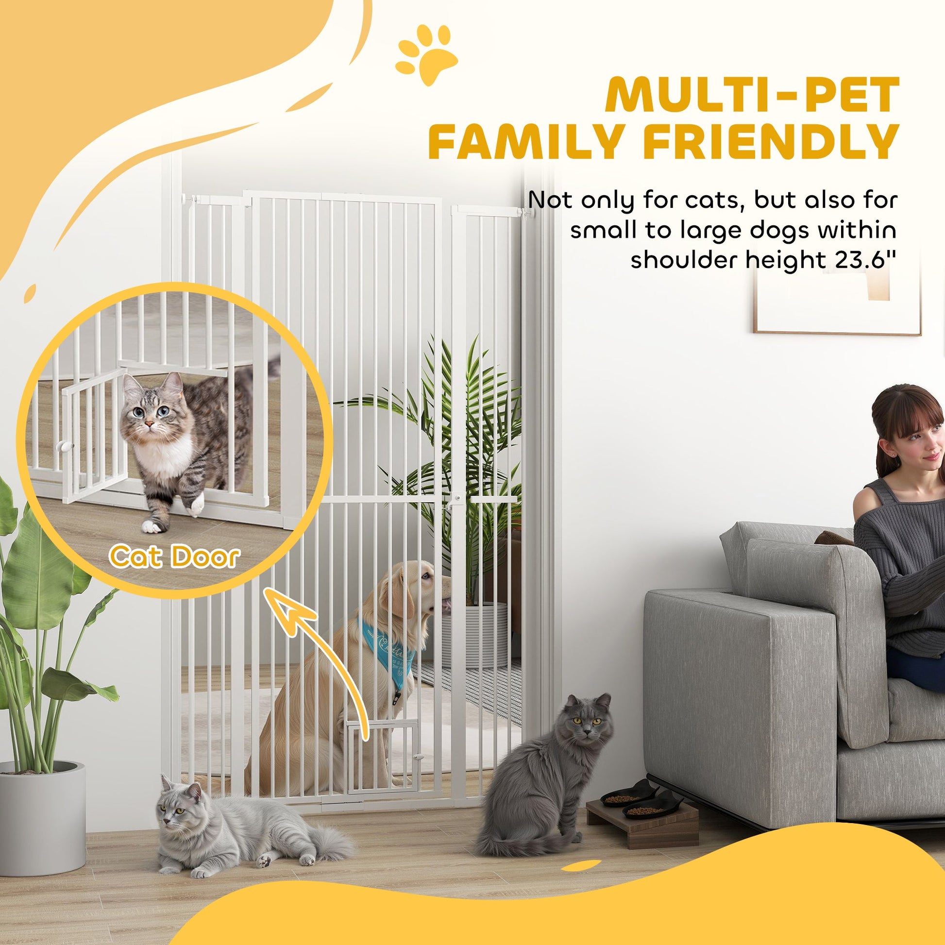 KFX-0006461 67" Extra Tall Pet Gate with Cat Door, 30"-41" Width, 1.4" Bar Spacing, Extensions Included, Durable Steel Construction