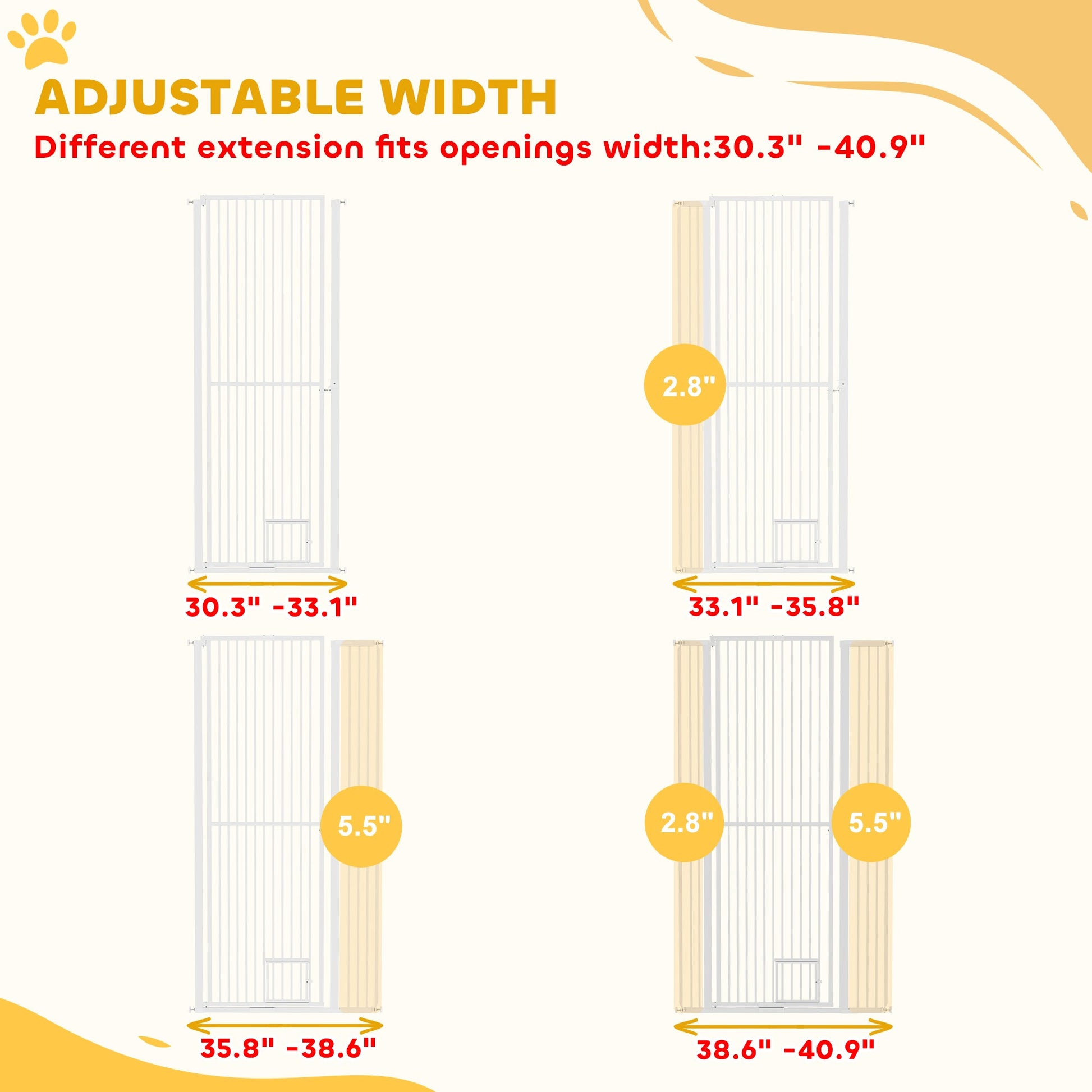 KFX-0006461 67" Extra Tall Pet Gate with Cat Door, 30"-41" Width, 1.4" Bar Spacing, Extensions Included, Durable Steel Construction