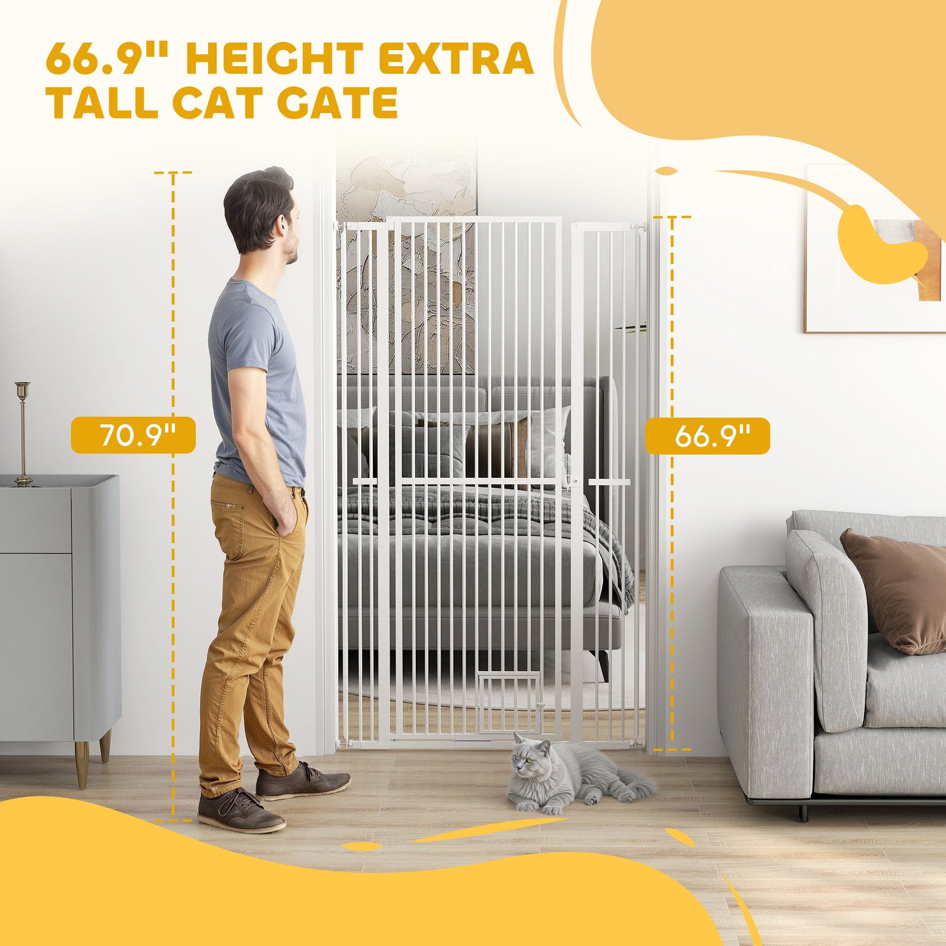 KFX-0006461 67" Extra Tall Pet Gate with Cat Door, 30"-41" Width, 1.4" Bar Spacing, Extensions Included, Durable Steel Construction