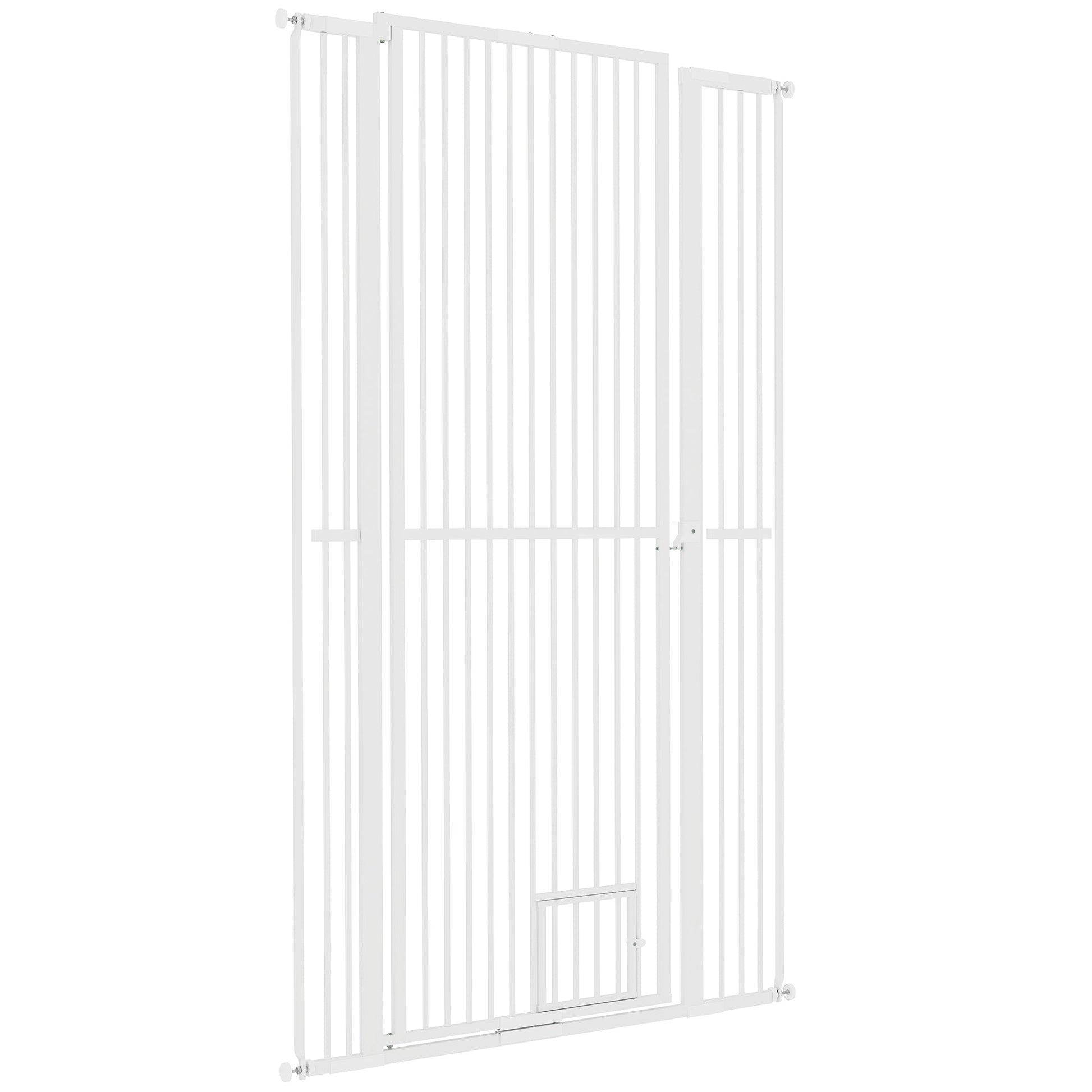 KFX-0006461 67" Extra Tall Pet Gate with Cat Door, 30"-41" Width, 1.4" Bar Spacing, Extensions Included, Durable Steel Construction