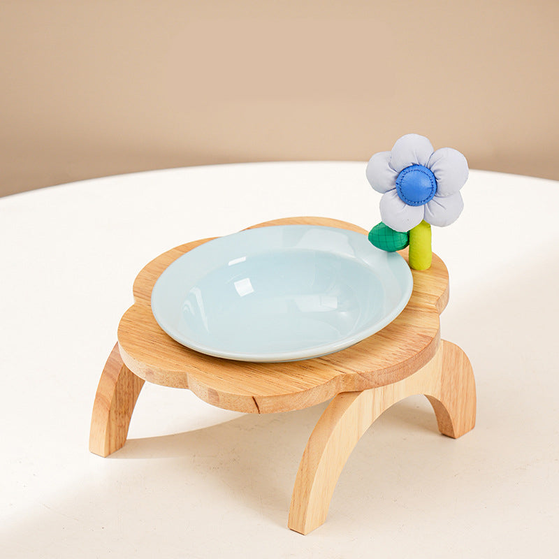 KFX-0006973 Flower Shaped Ceramic Cat Food Bowls with Wood Holder Stand Multi-Color 200ml