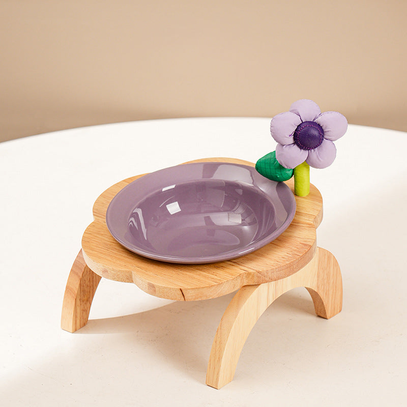 KFX-0006973 Flower Shaped Ceramic Cat Food Bowls with Wood Holder Stand Multi-Color 200ml
