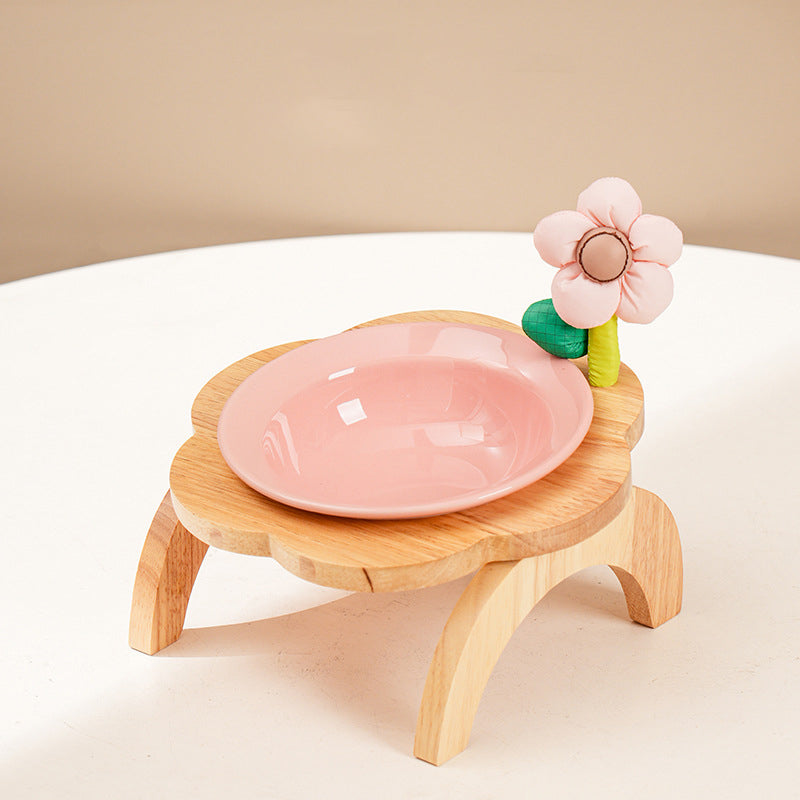 KFX-0006973 Flower Shaped Ceramic Cat Food Bowls with Wood Holder Stand Multi-Color 200ml