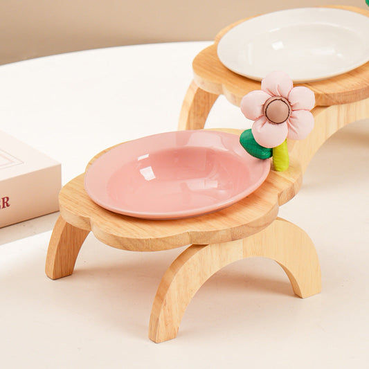 KFX-0006973 Flower Shaped Ceramic Cat Food Bowls with Wood Holder Stand Multi-Color 200ml