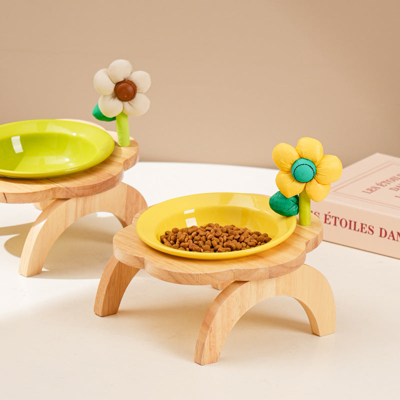 KFX-0006973 Flower Shaped Ceramic Cat Food Bowls with Wood Holder Stand Multi-Color 200ml