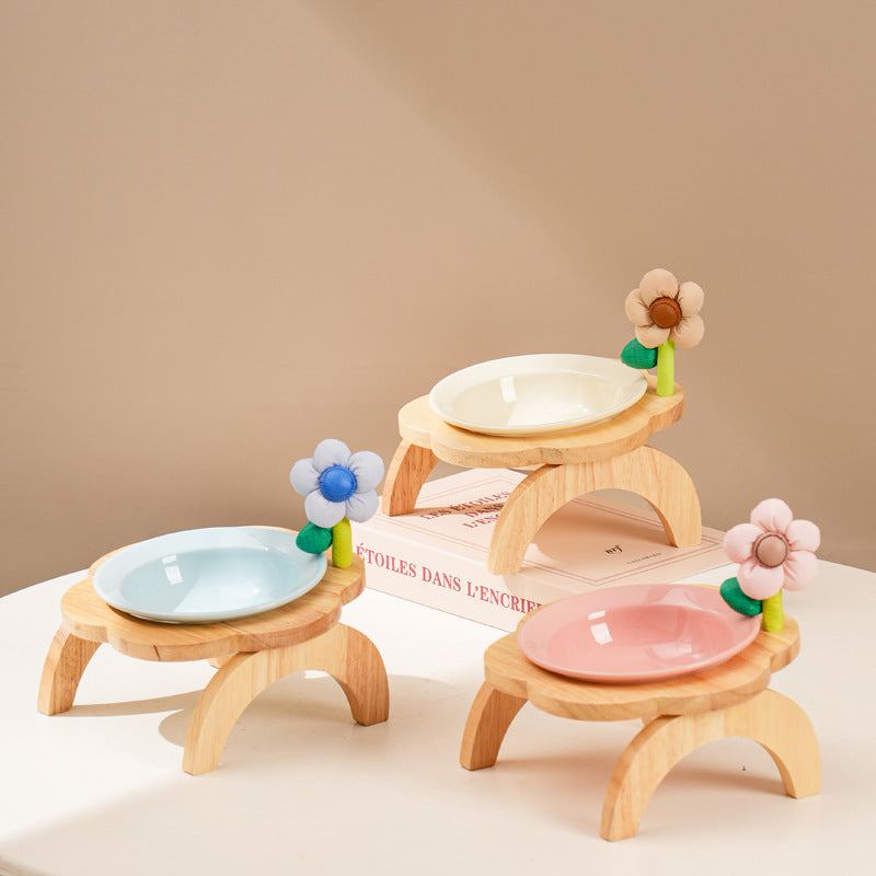 KFX-0006973 Flower Shaped Ceramic Cat Food Bowls with Wood Holder Stand Multi-Color 200ml