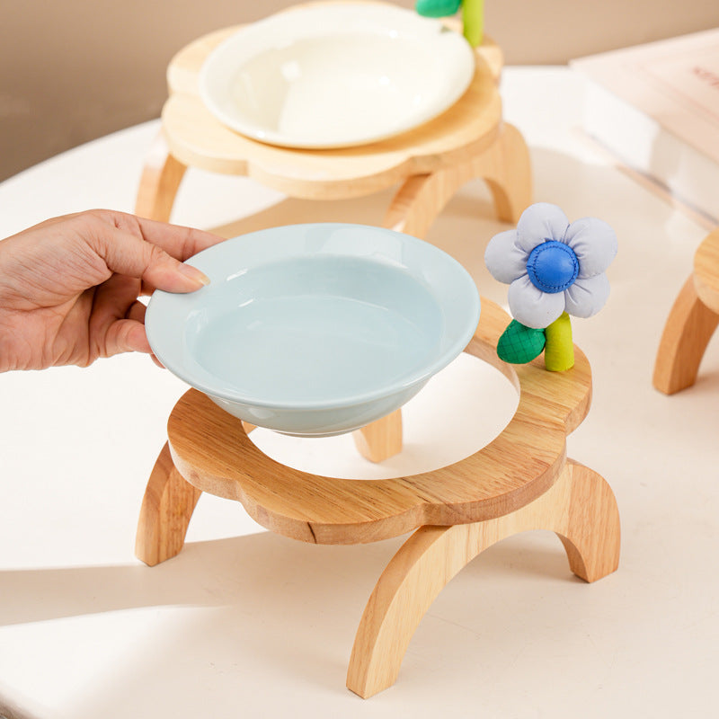 KFX-0006973 Flower Shaped Ceramic Cat Food Bowls with Wood Holder Stand Multi-Color 200ml