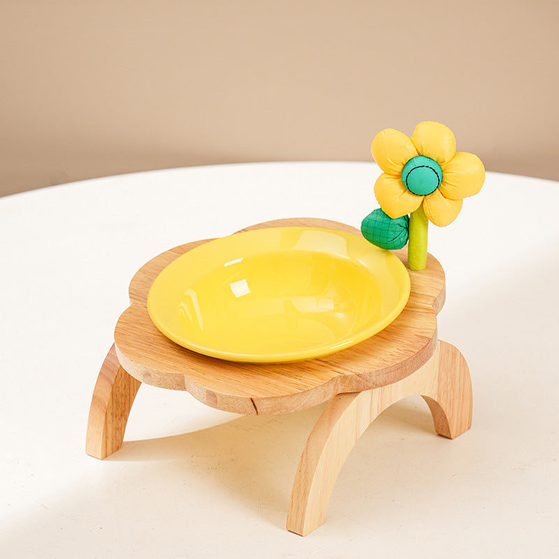 KFX-0006973 Flower Shaped Ceramic Cat Food Bowls with Wood Holder Stand Multi-Color 200ml
