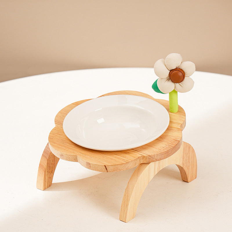 KFX-0006973 Flower Shaped Ceramic Cat Food Bowls with Wood Holder Stand Multi-Color 200ml