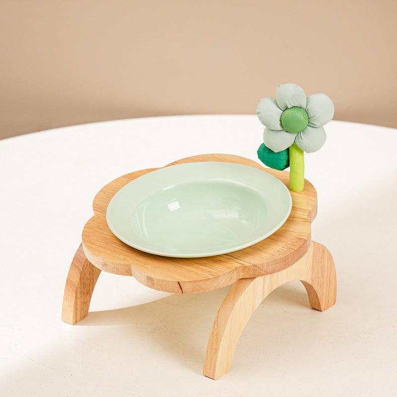 KFX-0006973 Flower Shaped Ceramic Cat Food Bowls with Wood Holder Stand Multi-Color 200ml