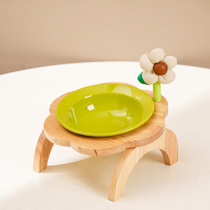 KFX-0006973 Flower Shaped Ceramic Cat Food Bowls with Wood Holder Stand Multi-Color 200ml