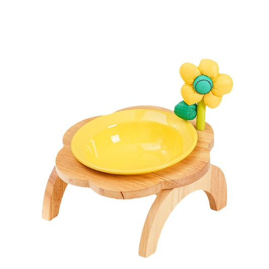 KFX-0006973 Flower Shaped Ceramic Cat Food Bowls with Wood Holder Stand Multi-Color 200ml