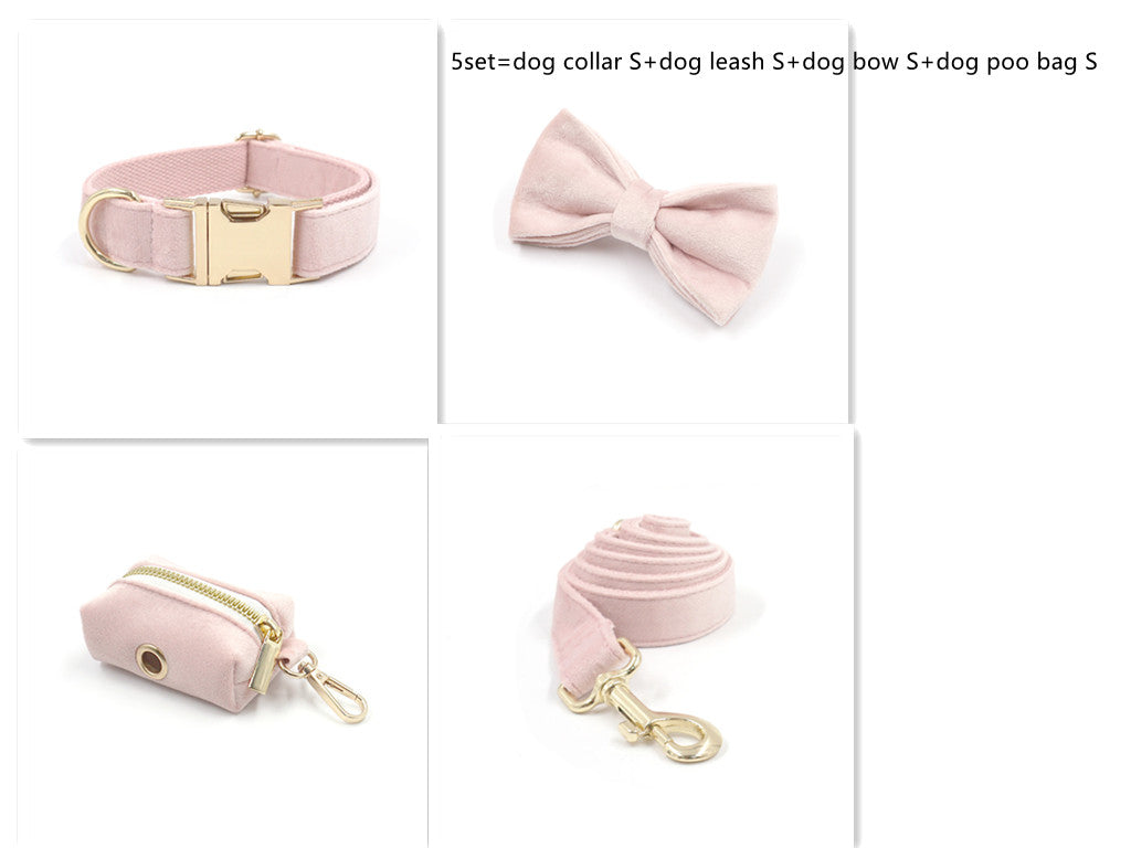 KFX-0010557 Pink Velvet Dog Collar and Leash Set with Bow Knot and Garbage Bag Holder