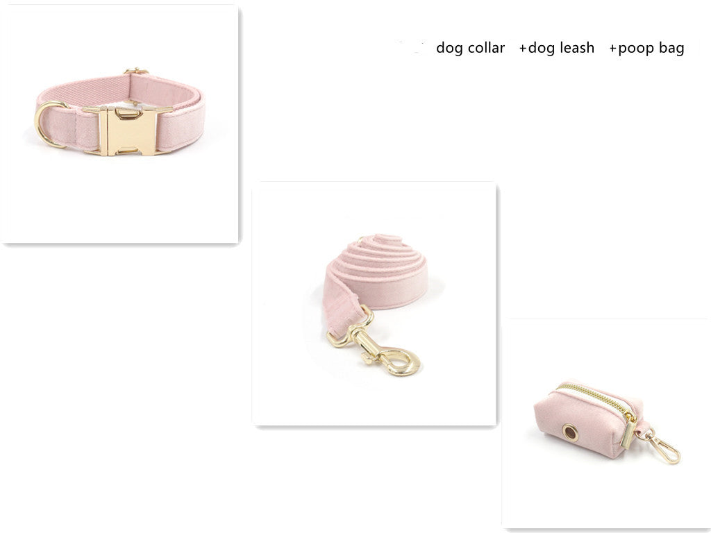KFX-0010557 Pink Velvet Dog Collar and Leash Set with Bow Knot and Garbage Bag Holder