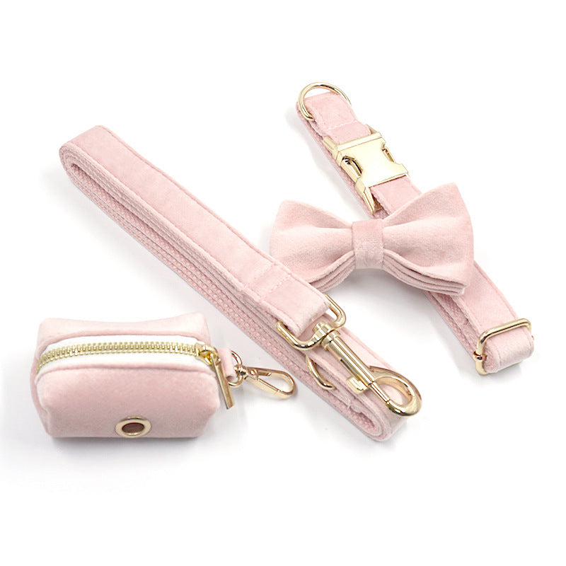 KFX-0010557 Pink Velvet Dog Collar and Leash Set with Bow Knot and Garbage Bag Holder