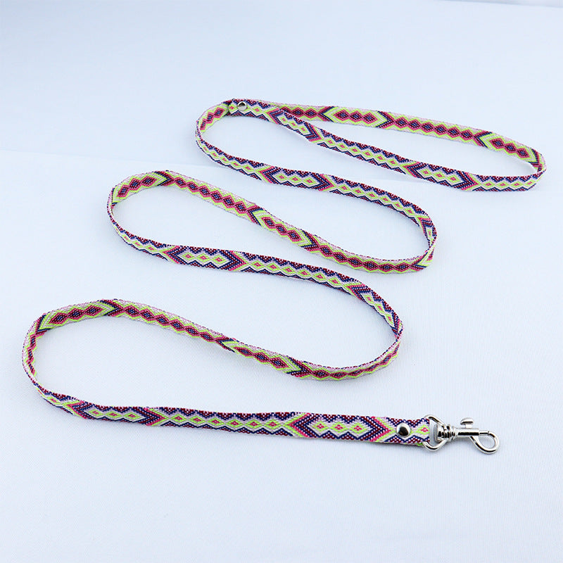 KFX-0012733 Ethnic Style Woven Dog Collar with 120cm Traction Rope - Durable Polyester Material