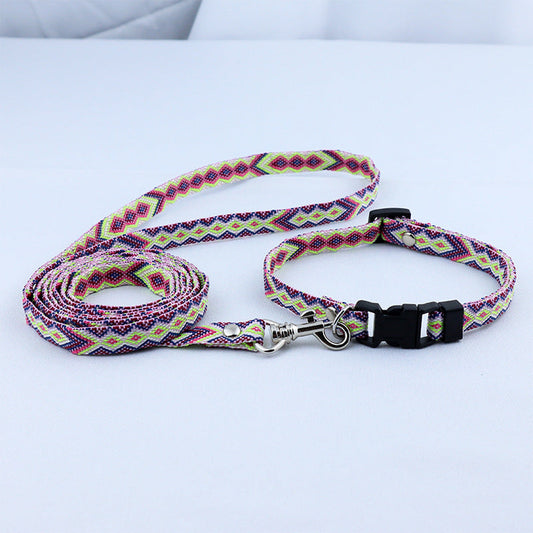 KFX-0012733 Ethnic Style Woven Dog Collar with 120cm Traction Rope - Durable Polyester Material